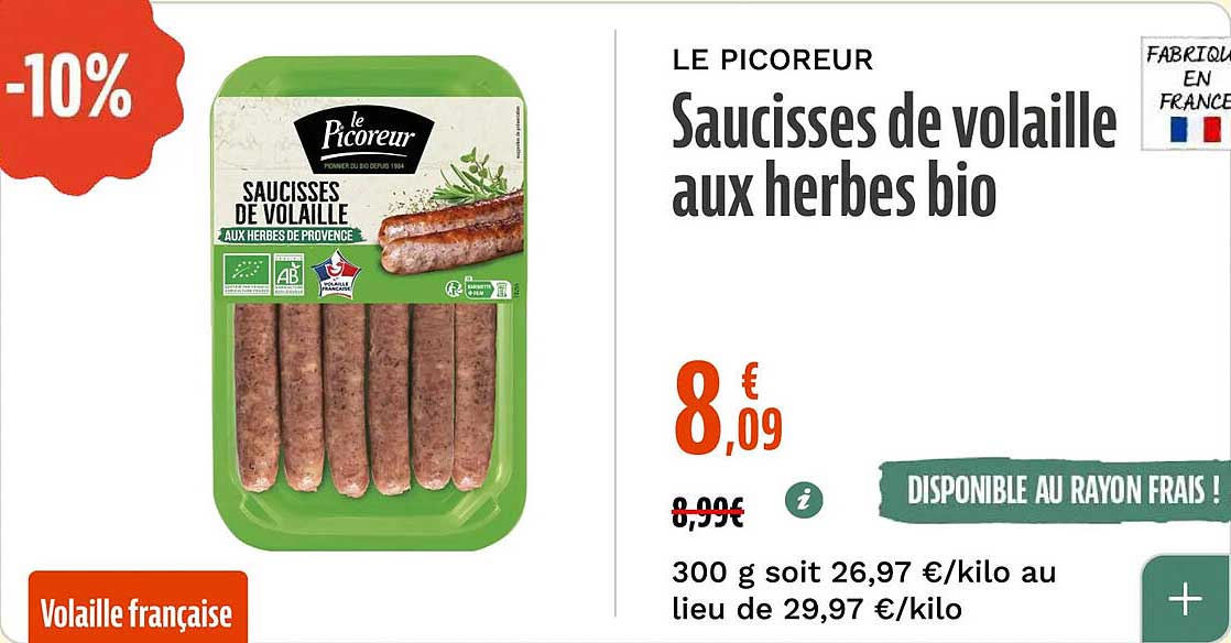 LE PICOUREUR Saucisses de volaille aux herbes bio