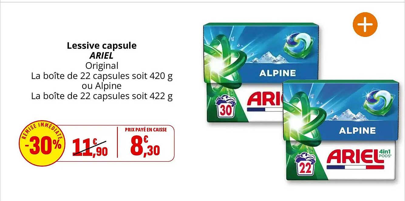 Lessive capsule ARIEL Original La boîte de 22 capsules soit 420 g ou Alpine La boîte de 22 capsules soit 422 g