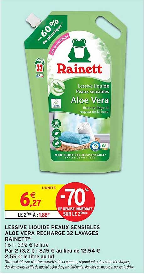LESSIVE LIQUIDE PEAUX SENSIBLES ALOE VERA RECHARGE 32 LAVAGES RAINETT
