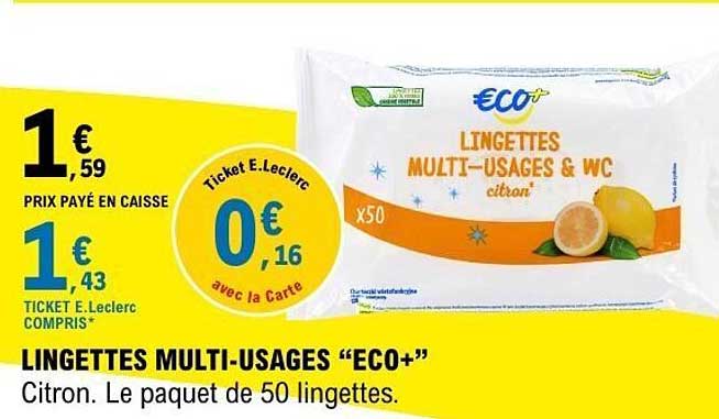 LINGETTES MULTI-USAGES “ECO+” Citron. Le paquet de 50 lingettes.