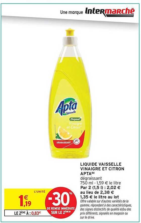 LIQUIDE VAISSELLE VINAIGRE ET CITRON APTA dégraissant