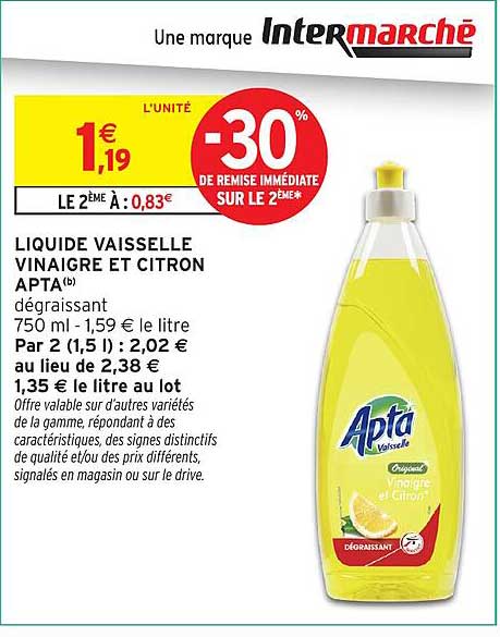 LIQUIDE VAISSELLE VINAIGRE ET CITRON APTA® dégraissant