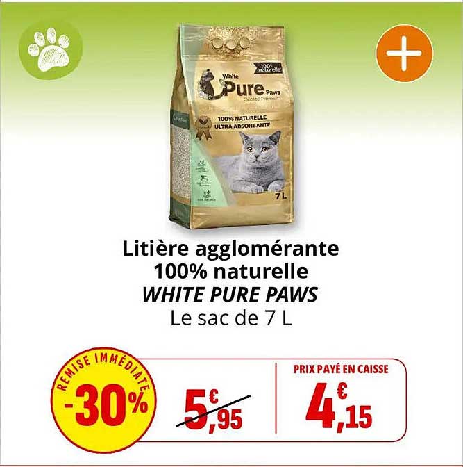 Litière agglomérante 100% naturelle WHITE PURE PAWS Le sac de 7 L