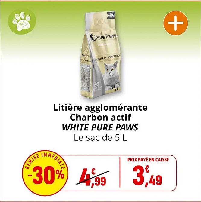 Litière agglomérante Charbon actif WHITE PURE PAWS Le sac de 5 L