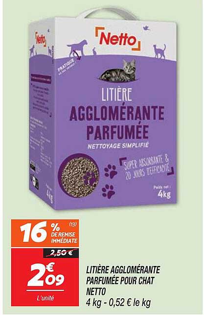 LITIÈRE AGGLOMÉRANTE PARFUMÉE POUR CHAT NETTO 4 kg - 0,52 € le kg