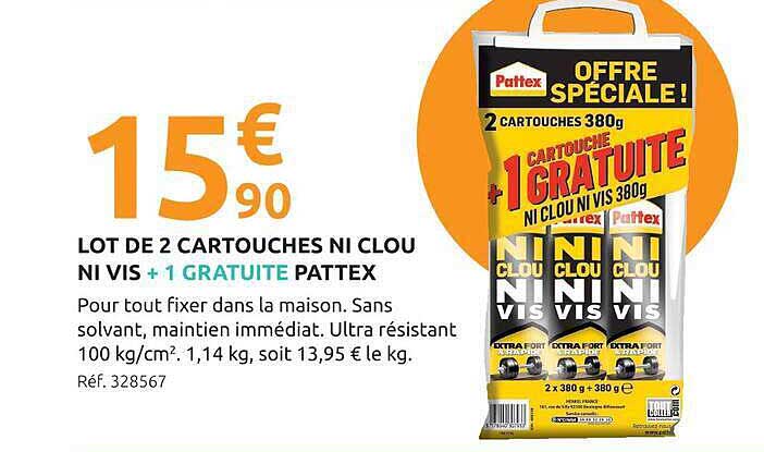 LOT DE 2 CARTOUCHES NI CLOU NI VIS + 1 GRATUITE PATTEX