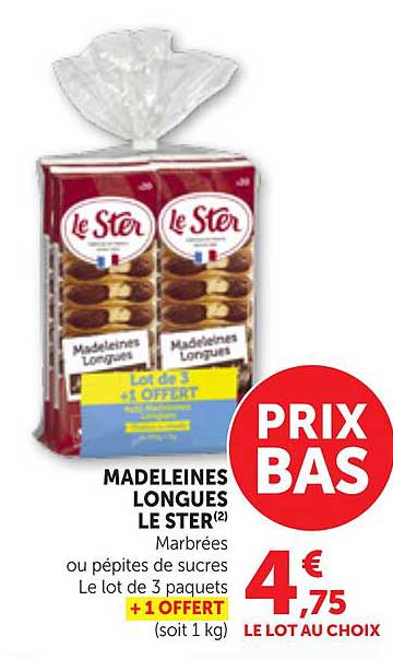 MADELEINES LONGUES LE STER(2) Marbrées ou pépites de sucres Le lot de 3 paquets +1 OFFERT (soit 1 kg)