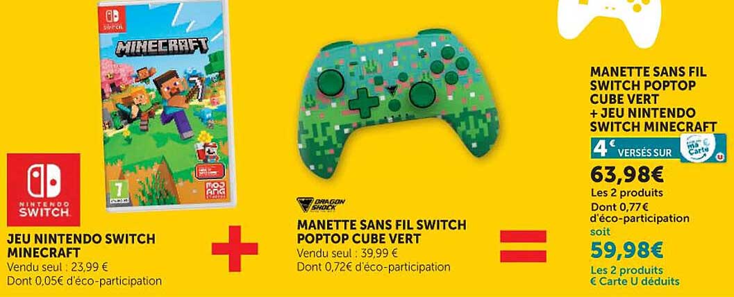 MANETTE SANS FIL SWITCH POPTOP CUBE VERT + JEU NINTENDO SWITCH MINECRAFT