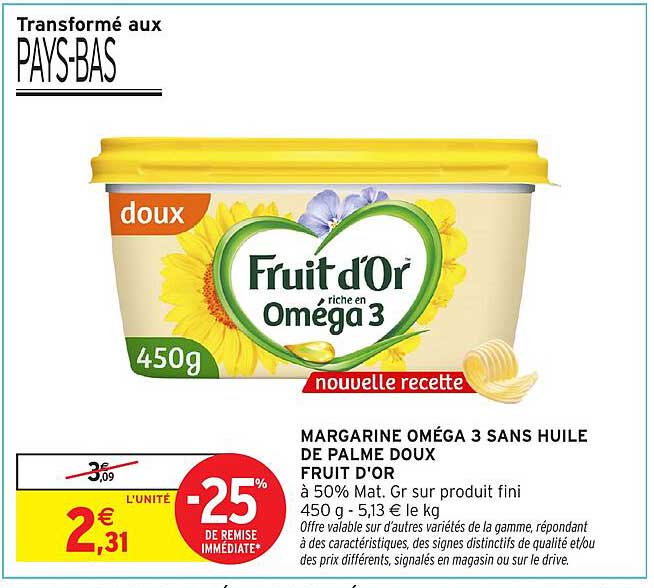 MARGARINE OMÉGA 3 SANS HUILE DE PALME DOUX FRUIT D'OR