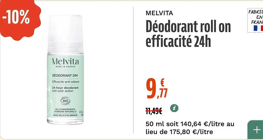 MELVITA Déodorant roll on efficacité 24h