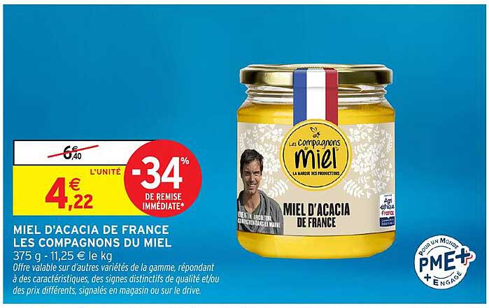 MIEL D’ACACIA DE FRANCE LES COMPAGNONS DU MIEL 375 g - 11,25 € le kg