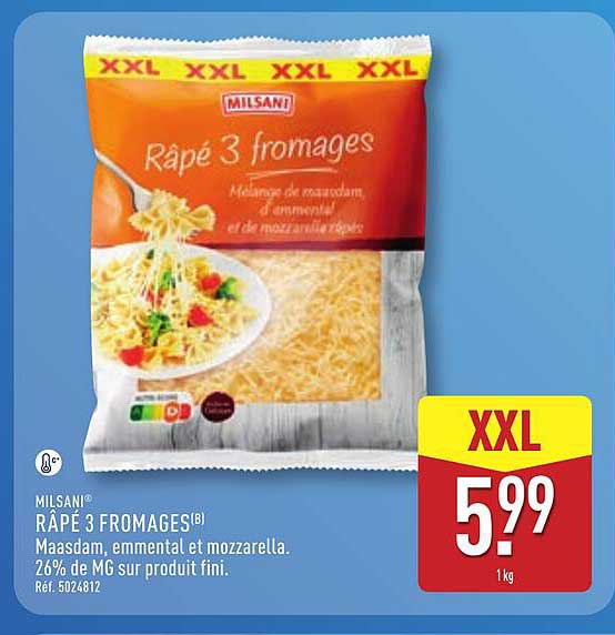 MILSANI® RÂPÉ 3 FROMAGES(B) Maasdam, emmental et mozzarella. 26% de MG sur produit fini. Réf. 5024812
