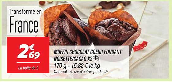 MUFFIN CHOCOLAT COEUR FONDANT NOISETTE/CACAO X2