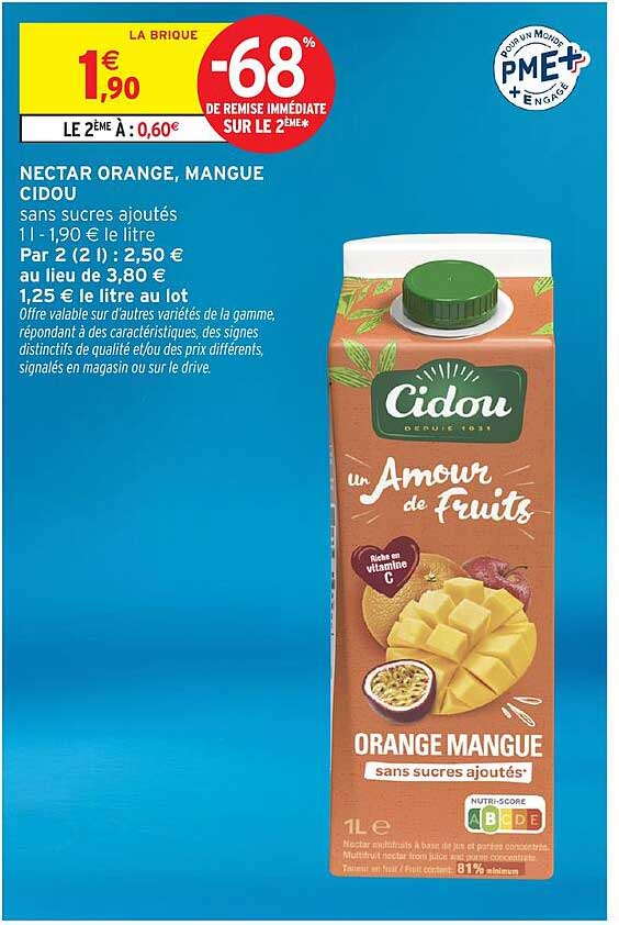 NECTAR ORANGE, MANGUE CIDOU sans sucres ajoutés