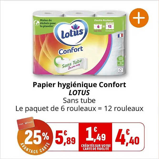 Papier hygiénique Confort LOTUS Sans tube Le paquet de 6 rouleaux = 12 rouleaux