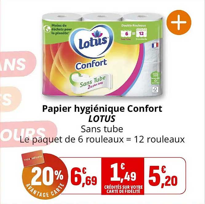 Papier hygiénique Confort LOTUS Sans tube Le paquet de 6 rouleaux = 12 rouleaux