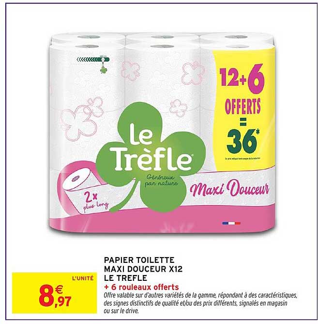 PAPIER TOILETTE MAXI DOUCEUR X12 LE TREFLE + 6 rouleaux offerts
