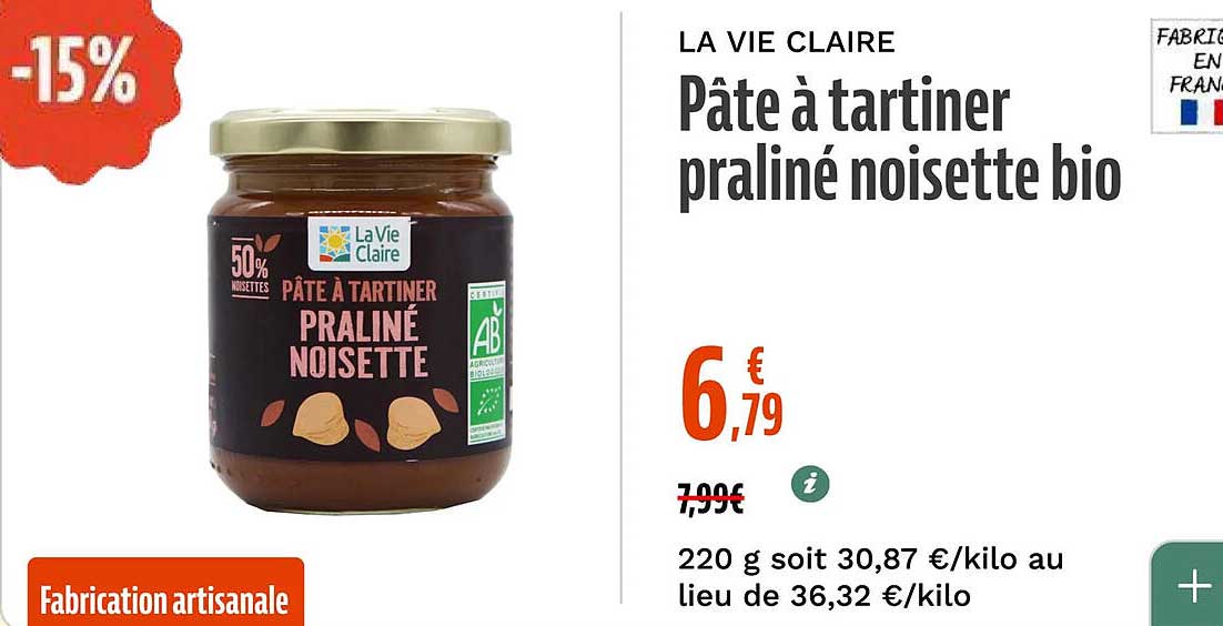 Pâte à tartiner praliné noisette bio