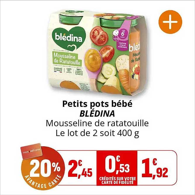 Petits pots bébé BLÉDINA Mousseline de ratatouille Le lot de 2 soit 400 g