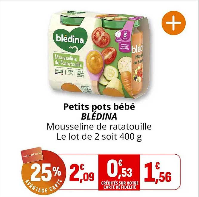 Petits pots bébé BLÉDINA Mousseline de ratatouille Le lot de 2 soit 400 g