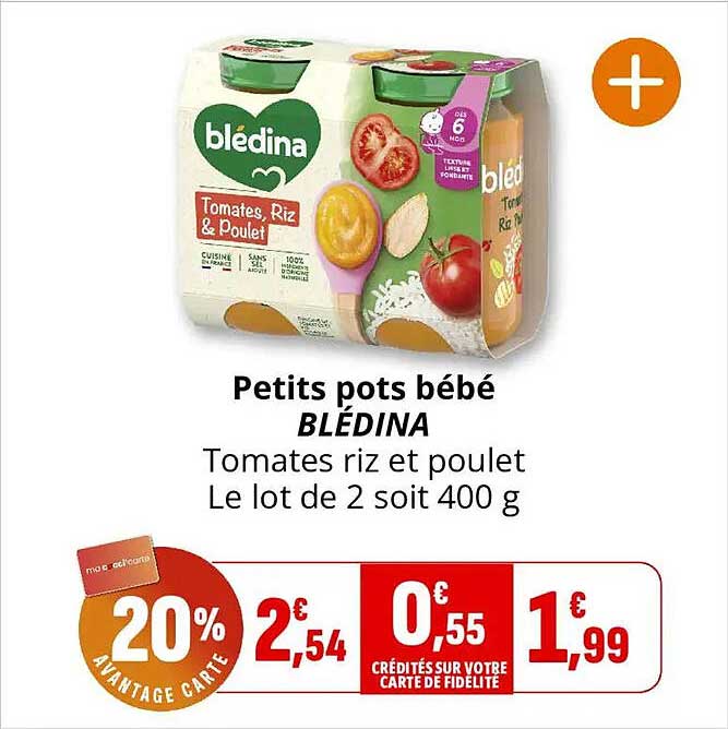 Petits pots bébé BLÉDINA Tomates riz et poulet Le lot de 2 soit 400 g