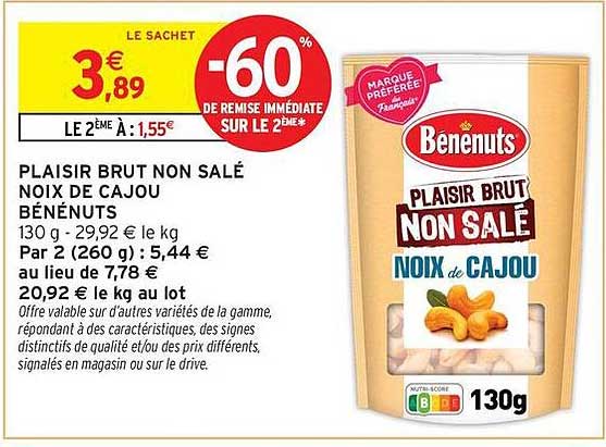 PLAISIR BRUT NON SALÉ NOIX DE CAJOU BÉNÉNUTS