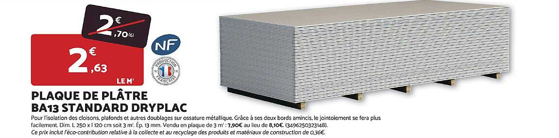 PLAQUE DE PLÂTRE BA13 STANDARD DRYPAC