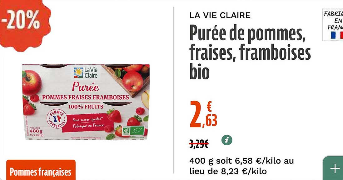 Purée de pommes, fraises, framboises bio