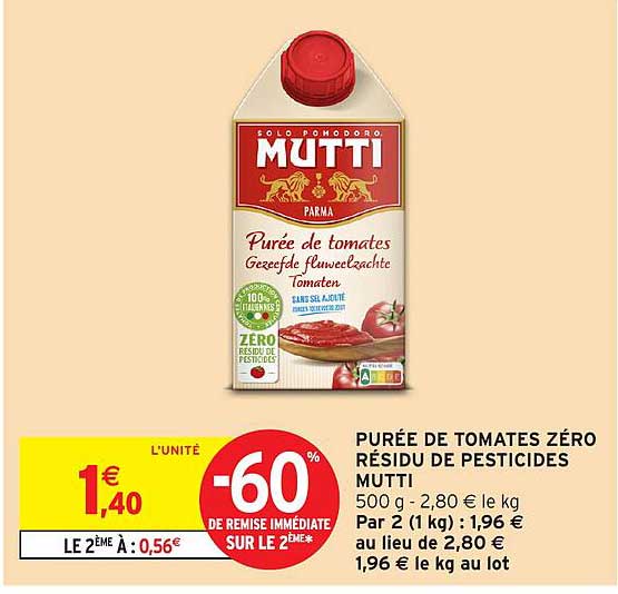 PURÉE DE TOMATES ZÉRO RÉSIDU DE PESTICIDES MUTTI