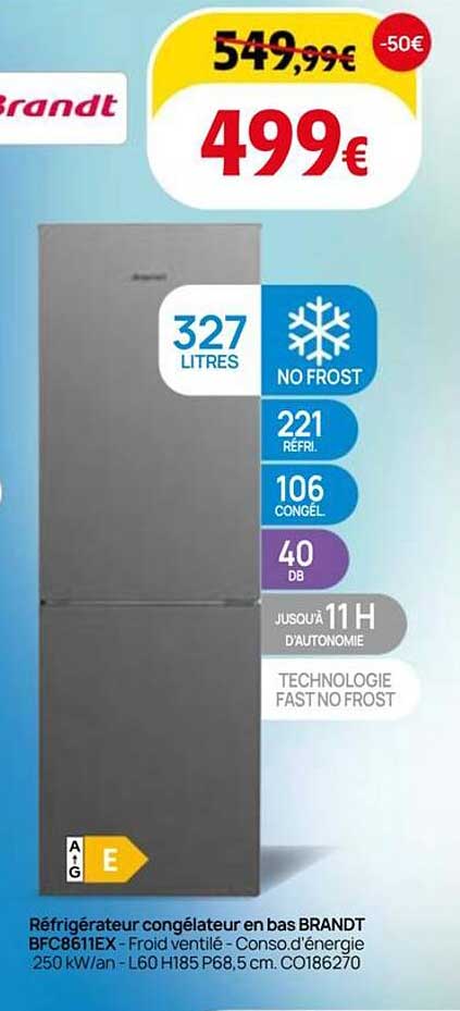 Réfrigérateur congélateur en bas BRANDT BFC861TEX - Froid ventilé - Conso.d’énergie 250 kW/an - L60 H185 P68,5 cm. C0186270