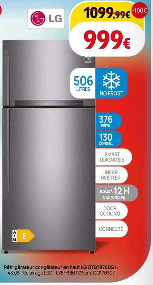 Réfrigérateur congélateur en haut LG GTD7876DS1 - 43 dB - Éclairage LED - L78 H180 P73 cm. CO170307