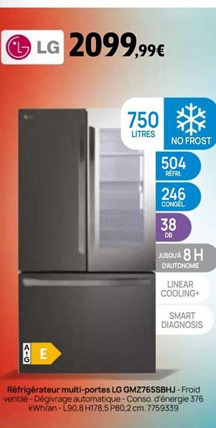 Réfrigérateur multi-portes LG GMZ765SBHJ - Froid ventilé - Dégrivrage automatique - Conso. d'énergie 376 kWh/an - L90,8 H178,5 P80,2 cm