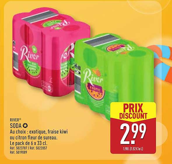 RIVER® SODA Au choix : exotique, fraise kiwi ou citron fleur de sureau. Le pack de 6 x 33 cl.