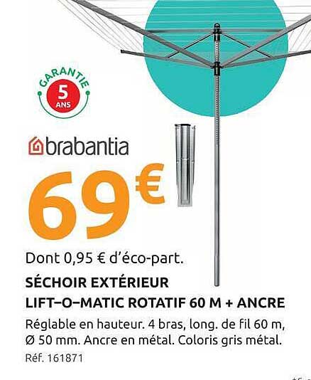 SÉCHOIR EXTÉRIEUR LIFT-O-MATIC ROTATIF 60 M + ANCRE