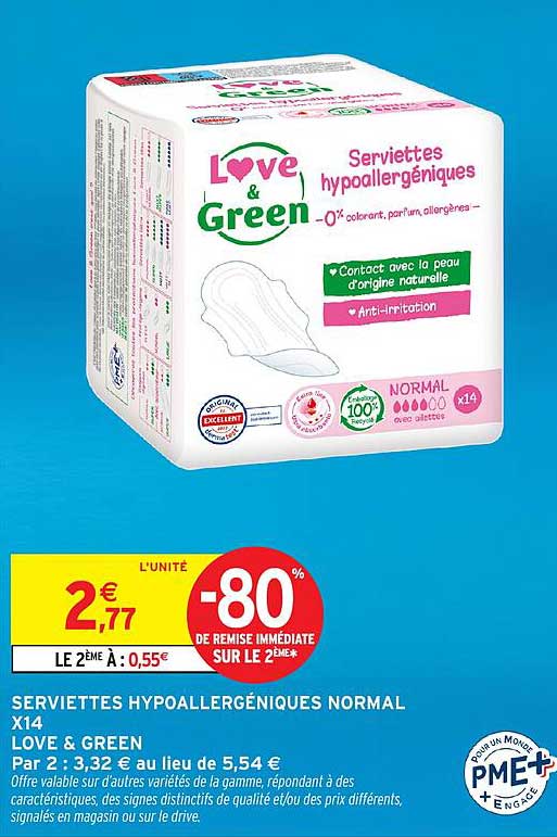 SERVIETTES HYPOALLERGÉNIQUES NORMAL X14 LOVE & GREEN