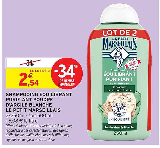 SHAMPOOING ÉQUILIBRANT PURIFIANT POUDRE D'ARGILE BLANCHE LE PETIT MARSEILLAIS