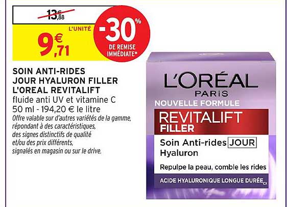 SOIN ANTI-RIDES JOUR HYALURON FILLER L'OREAL REVITALIFT fluide anti UV et vitamine C 50 ml