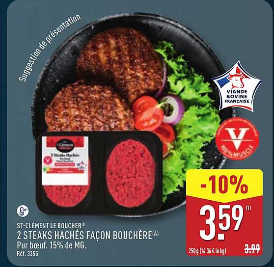 ST-CLÉMENT LE BOUCHER® 2 STEAKS HACHÉS FAÇON BOUCHÈRE(A) Pur bœuf, 15% de MG. Réf. 3355
