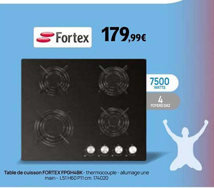 Table de cuisson FORTEX FPGH4BK - thermocouple - allumage une main - L51 H60 P11cm. 174020
