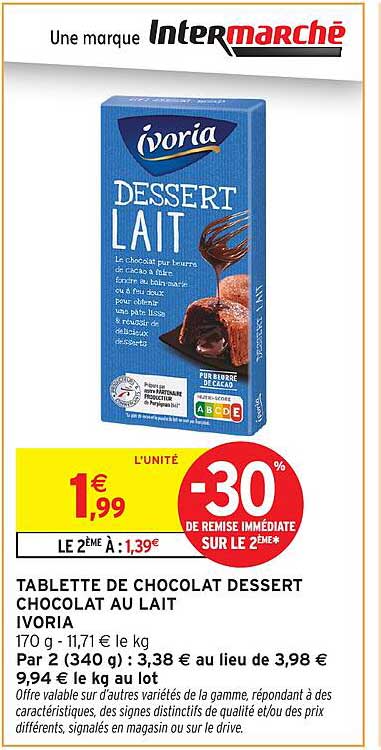 TABLETTE DE CHOCOLAT DESSERT CHOCOLAT AU LAIT IVORIA