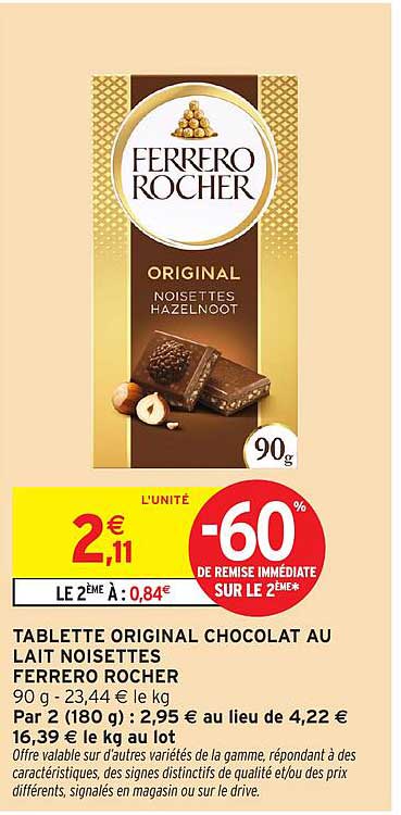 TABLETTE ORIGINAL CHOCOLAT AU LAIT NOISETTES FERRERO ROCHER