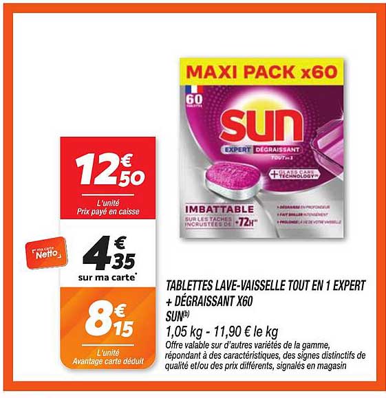 TABLETTES LAVE-VAISSELLE TOUT EN 1 EXPERT + DÉGRAISSANT X60 SUN