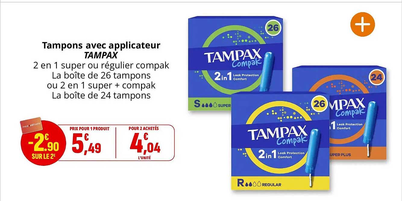 Tampons avec applicateur TAMPAX 2 en 1 super ou régulier compak La boîte de 26 tampons ou 2 en 1 super + compak La boîte de 24 tampons