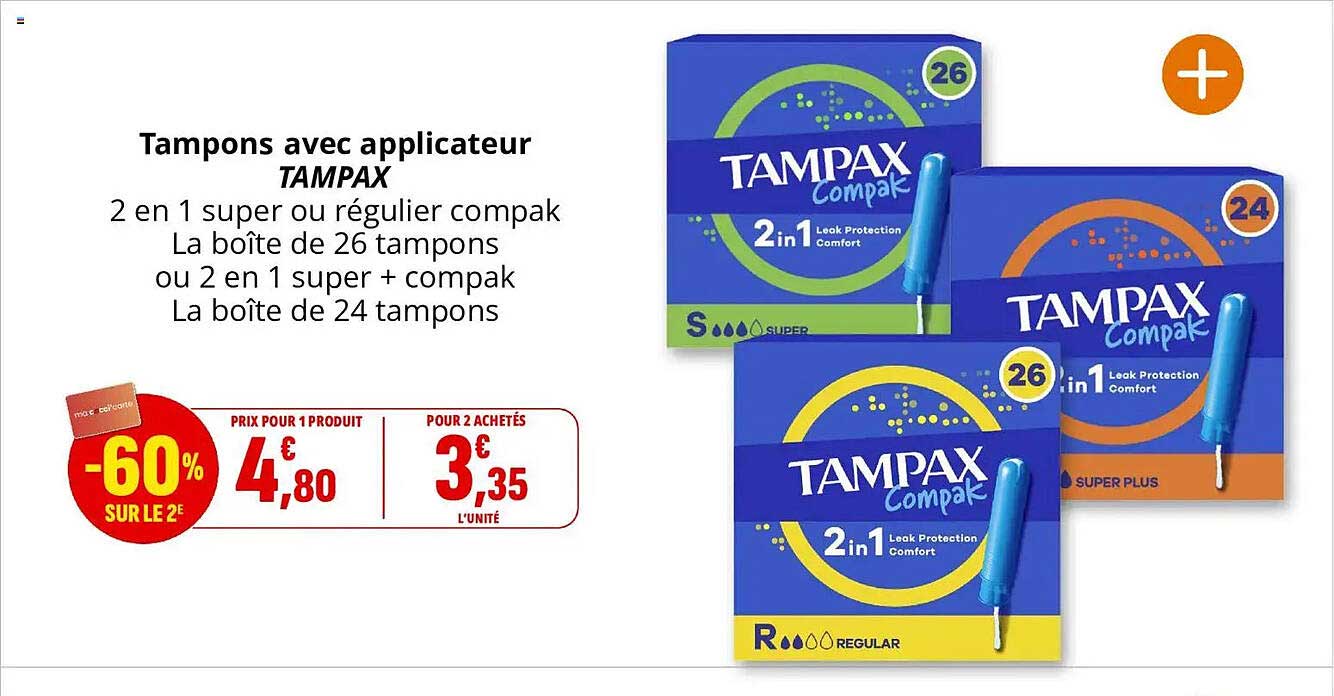 Tampons avec applicateur TAMPAX 2 en 1 super ou régulier compak La boîte de 26 tampons ou 2 en 1 super + compak La boîte de 24 tampons