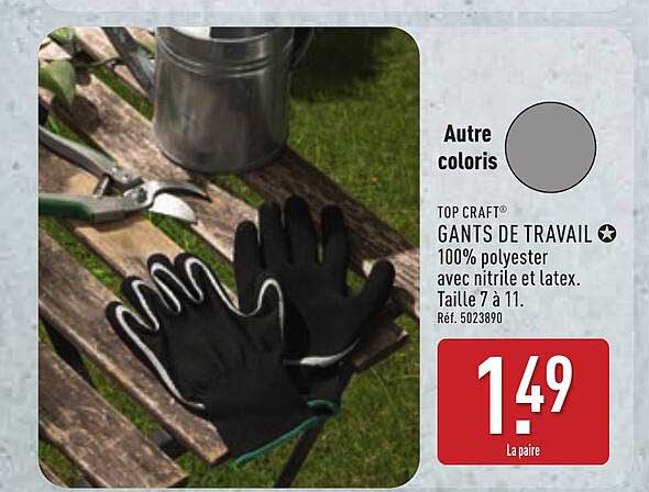 TOP CRAFT® GANTS DE TRAVAIL 100% polyester avec nitrile et latex. Taille 7 à 11. Réf. 5023890