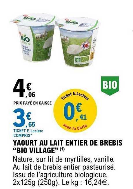 YAOURT AU LAIT ENTIER DE BREBIS “BIO VILLAGE”