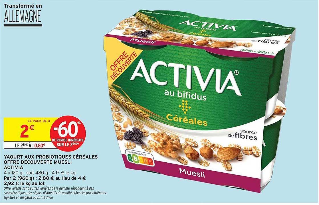 YAOURT AUX PROBIOTIQUES CÉRÉALES OFFRE DÉCOUVERTE MUESLI ACTIVIA
