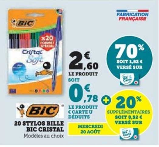 20 STYLOS BILLE BIC CRISTAL