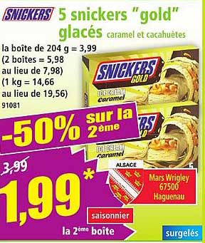 5 snickers "gold" glacés caramel et cacahuètes