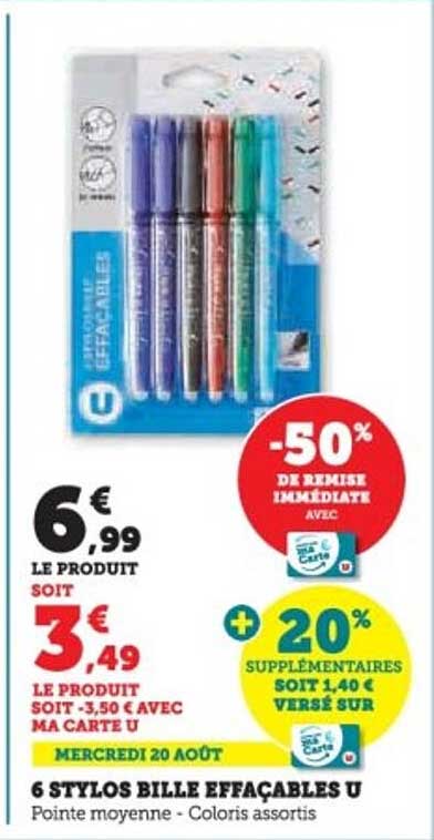 6 STYLOS BILLE EFFACABLES U